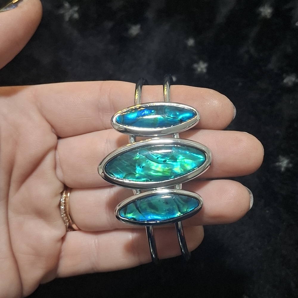 🐚Abalone Puau Shell Blue Green Mother Of Pearl Silver Hinge Cuff Bracelet - Picture 6 of 10